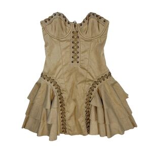 Oh Polly Size 2 Hendrix Lace-Up Corset Tiered Mini Dress Tan Western NWT $155